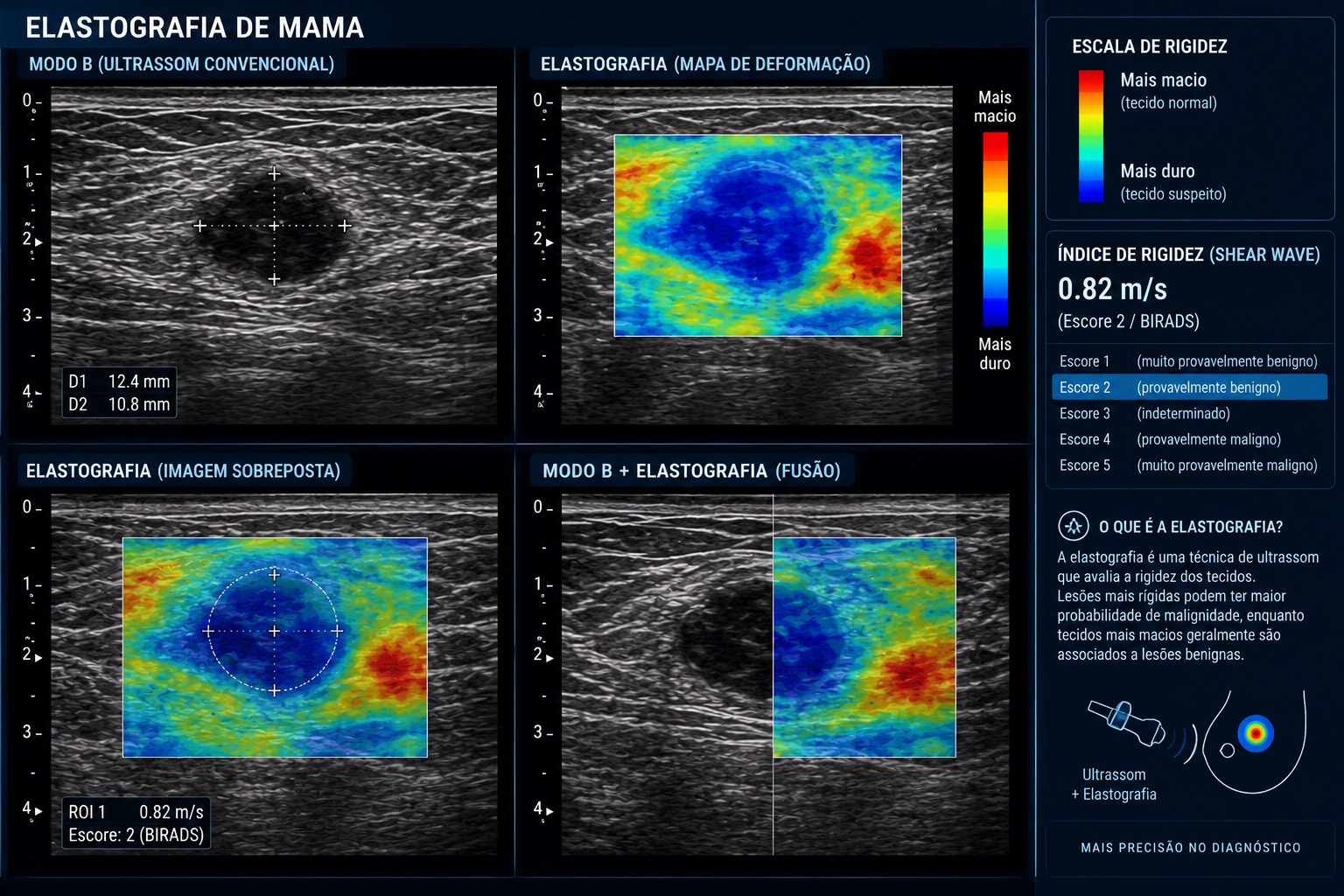 Tela de elastografia mamária com mapa de rigidez colorido