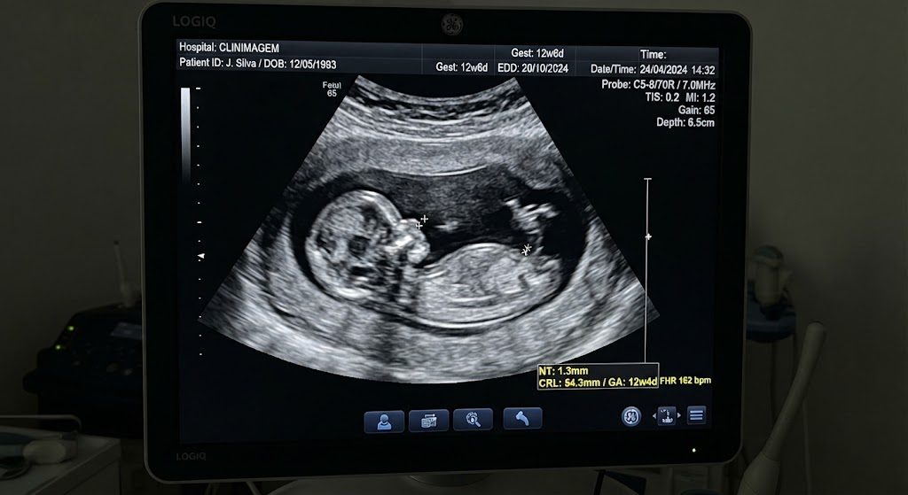 Monitor de ultrassom mostra o bebê na gestação